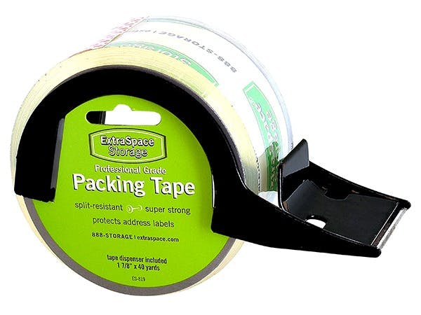 Product image of a packing tape roll on a dispenser with Extra Space Storage branding