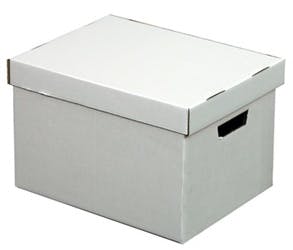 Product image of a white, cardboard file box with a lid and handles on the side.
