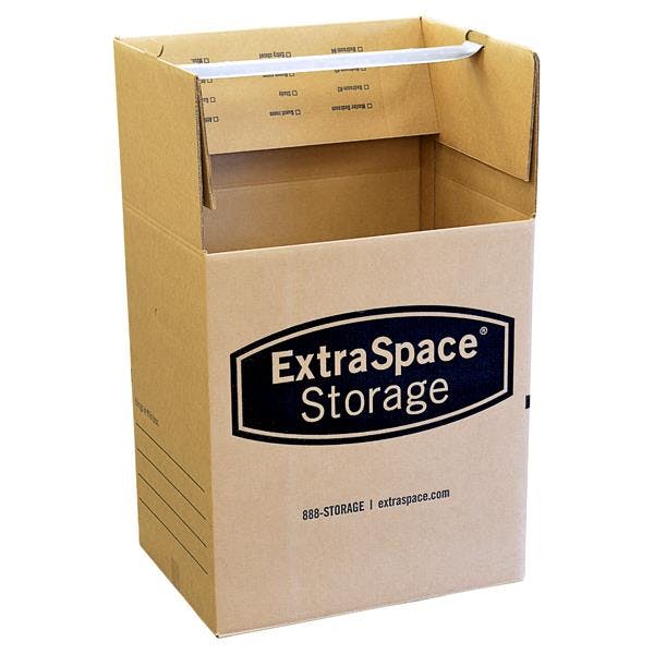 Product image of a cardboard wardrobe moving box with a bar across the top for hangers, with an Extra Space Storage logo on the front. 