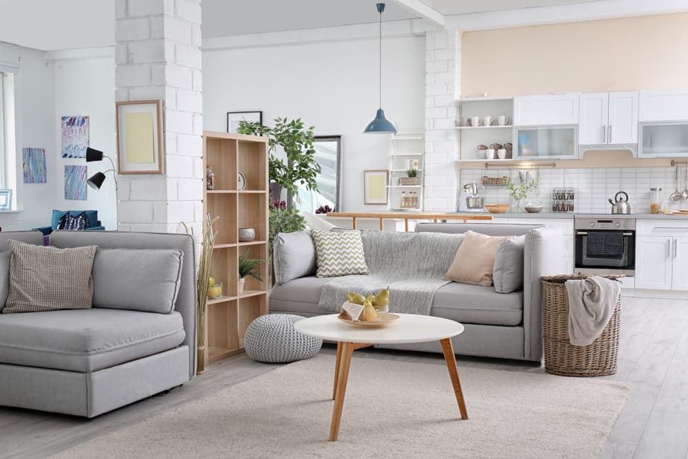 Bright, clean apartment with neutral furniture and an open floor plan.