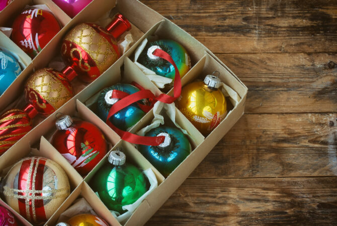 Holiday ornaments in storage box