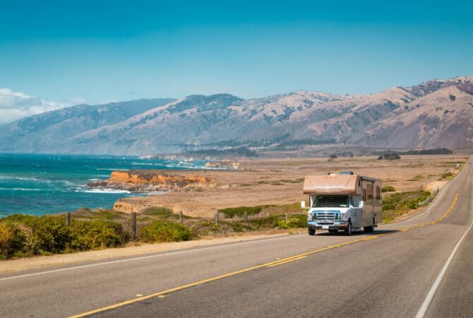 RV driving down California coast