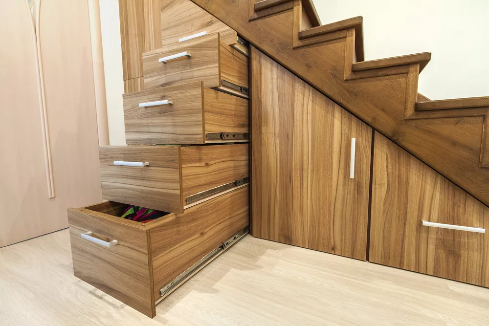How to design for small spaces — A Softer Edge  Staircase storage, Closet under  stairs, Stair storage