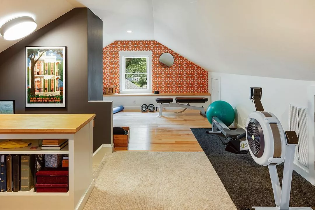 home gym yoga studio room space exercise apatment farmhouse buffet