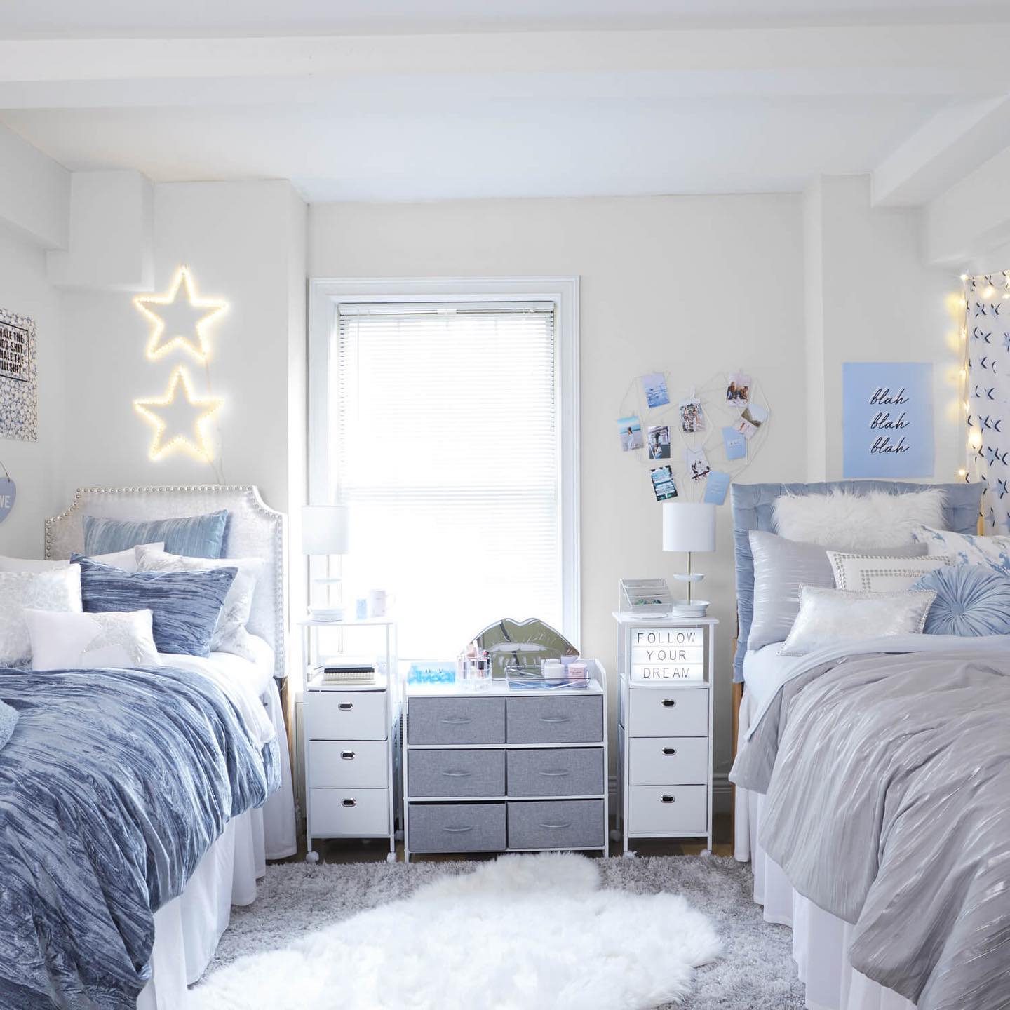 Dorm Decor With Two Twin Beds Grey And Blue Decor  
