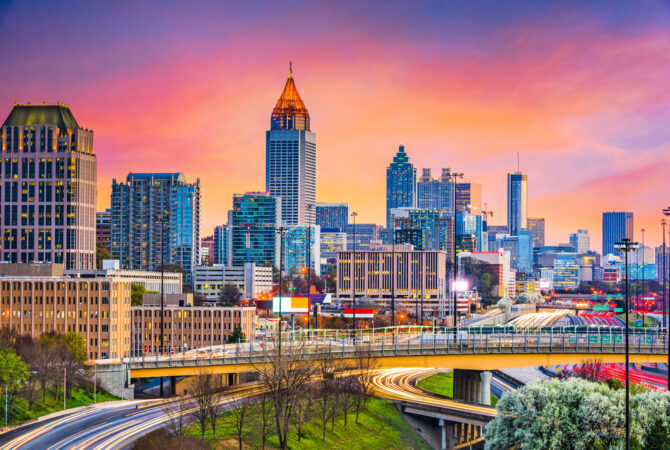 skyline view of downtown atlanta at sunset