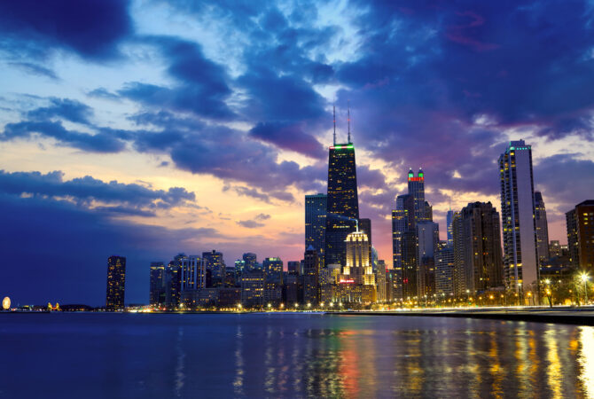 Skyline of Downtown Chicago at night time