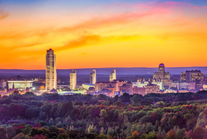 skyline of New York at sunset