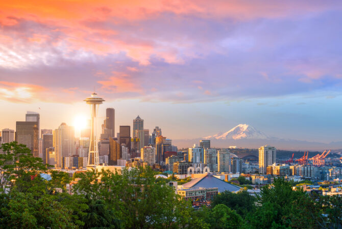 Skyline of Downtown Seattle at sunset