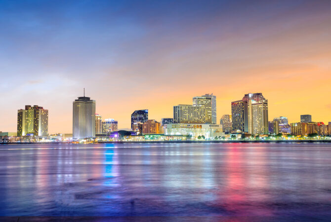 Skyline of tall buildings in Downtown New Orleams