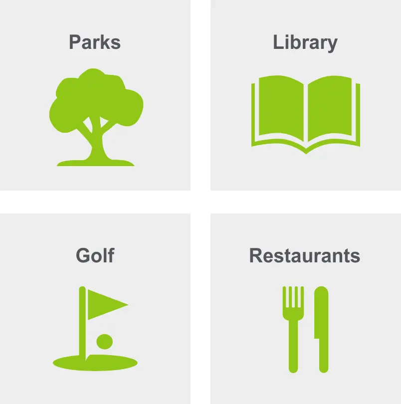 Activities in Evergreen include parks, a library, golf, and restaurants. 