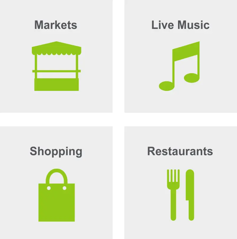 Activities in Midtown include markets, live music, shopping, and restaurants. 