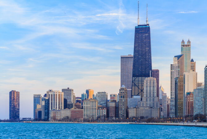 View of the Chicago Skyline Looking from Lake Michigan