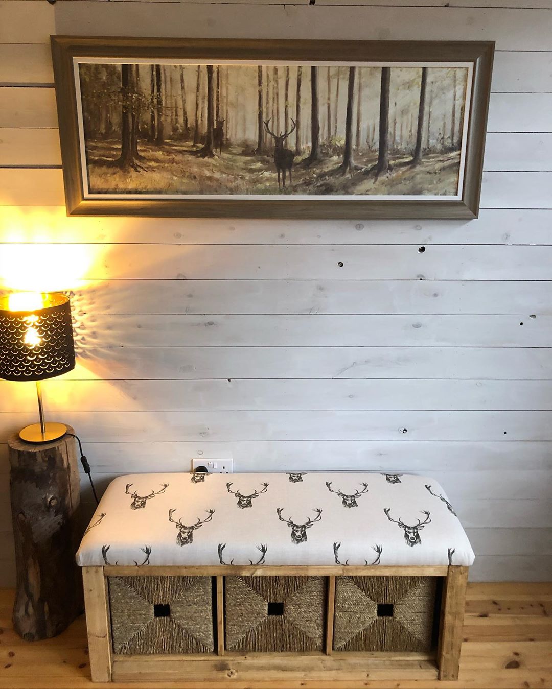 Simple Storage Bench Against a Shiplapped Wall. Photo by Instagram user @liamarieclarke