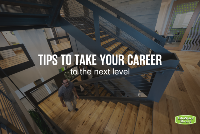 Aerial view of man walking up a staircase with black overlay and text that says "Tips to Take Your Career to the next level"