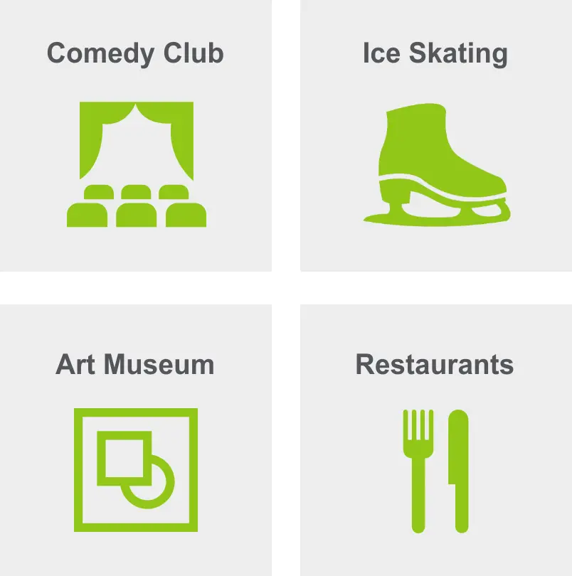Activities in the Central Business District include a comedy club, ice skating, an art museum, and restaurants.