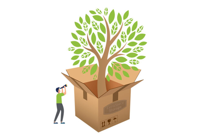 Cartoon of a Person Looking at a Tree Growing Out of a Moving Box