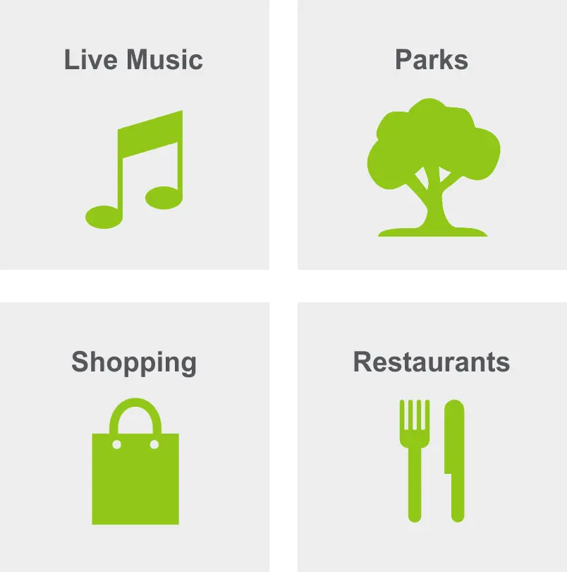 Activities in Green Hills include live music, parks, shopping, and restaurants.