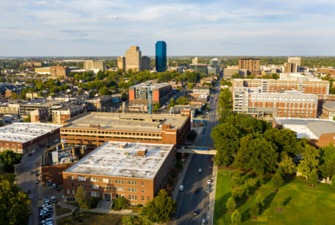 Aerial view of the university campus looking into the city center of Lexington, KY.