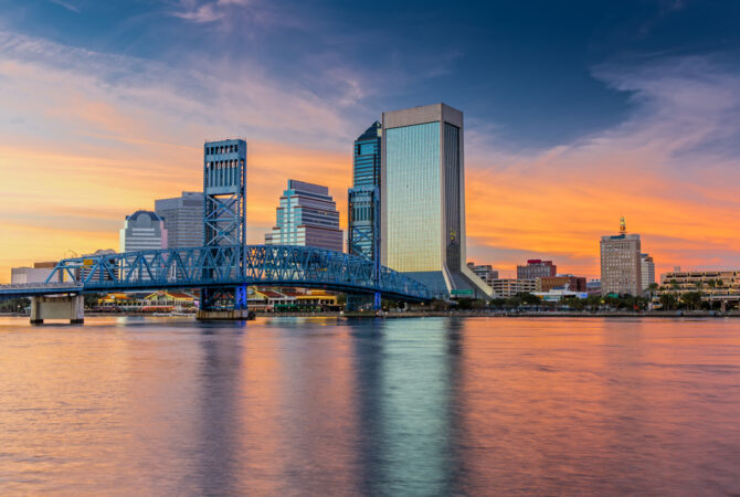 Jacksonville, FL skyline at sunset