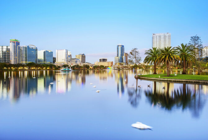 Photo of the Orlando, FL skyline and Lake Eola, taken from Lake Eola Park