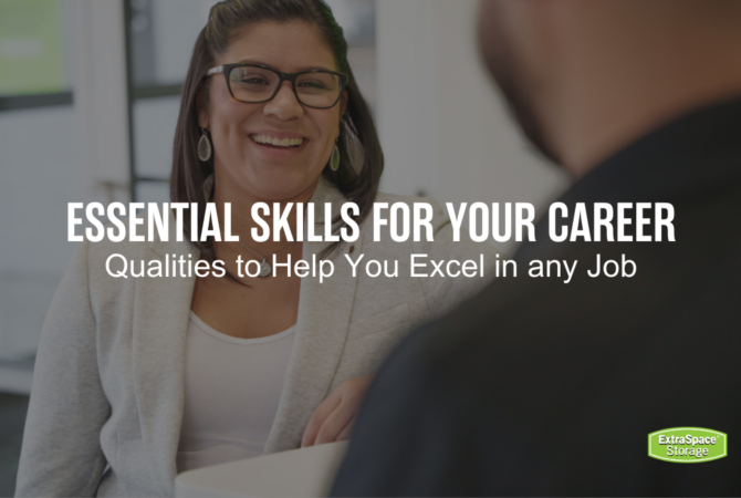 Woman smiling at interviewer while seated with a gray overlay and text that reads "Essential Skills For Your Career: Qualities to Help You Excel in Any Job"