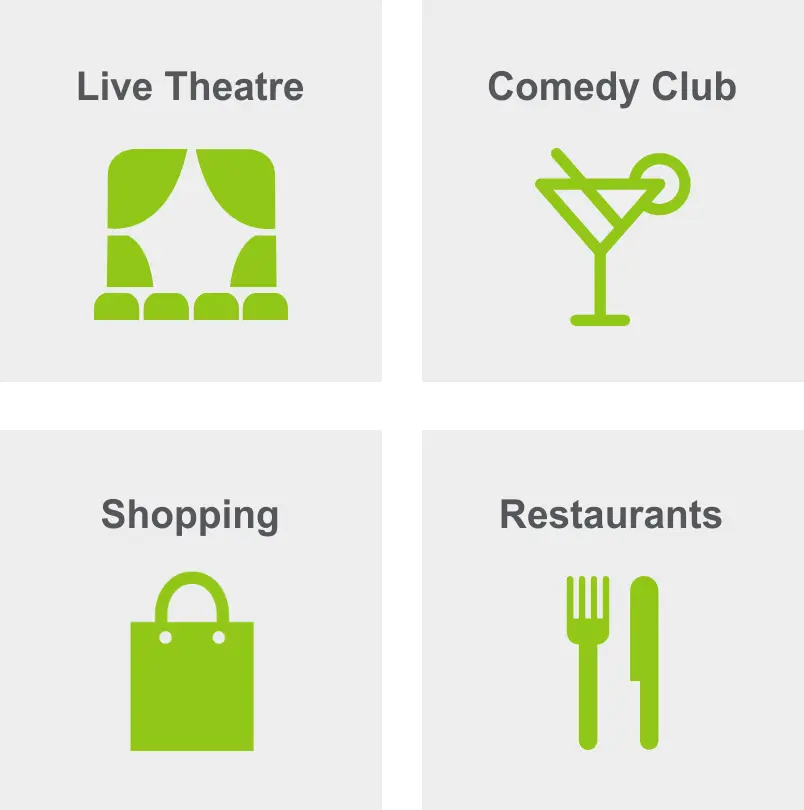 Activities in Daley Park includes live theatre, a comedy club, shopping, and restaurants.