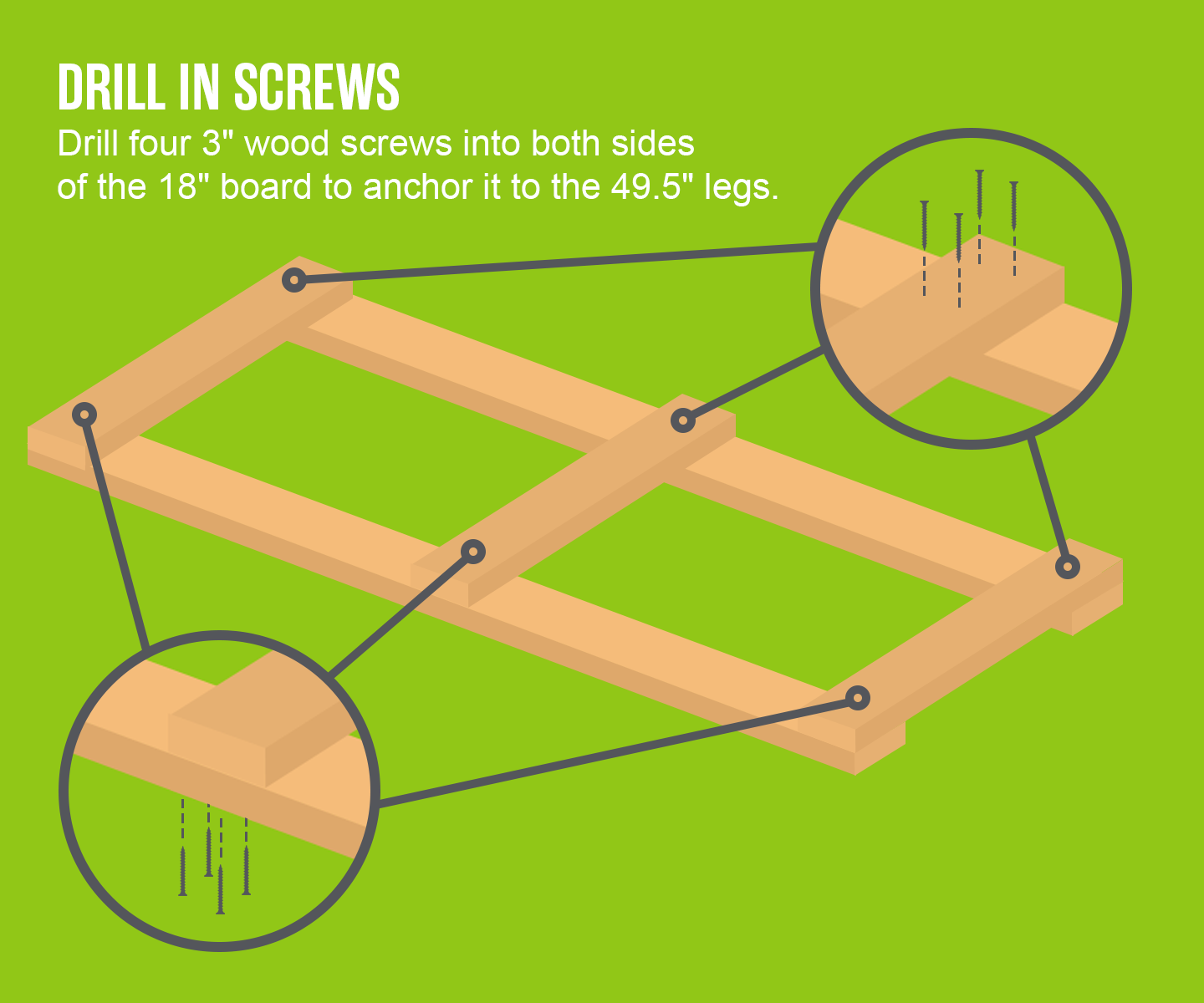 Infographic explaining how to drill in screws for garage storage shelves. 