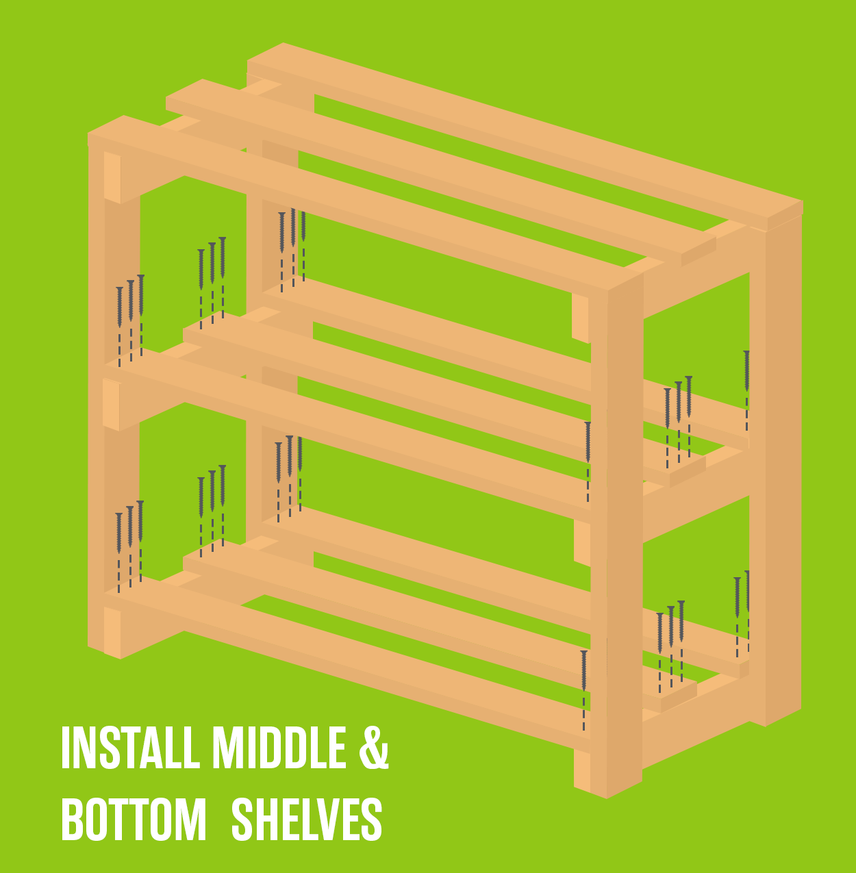 Infographic about how to install the middle and bottom shelves on a garage storage shelf. 