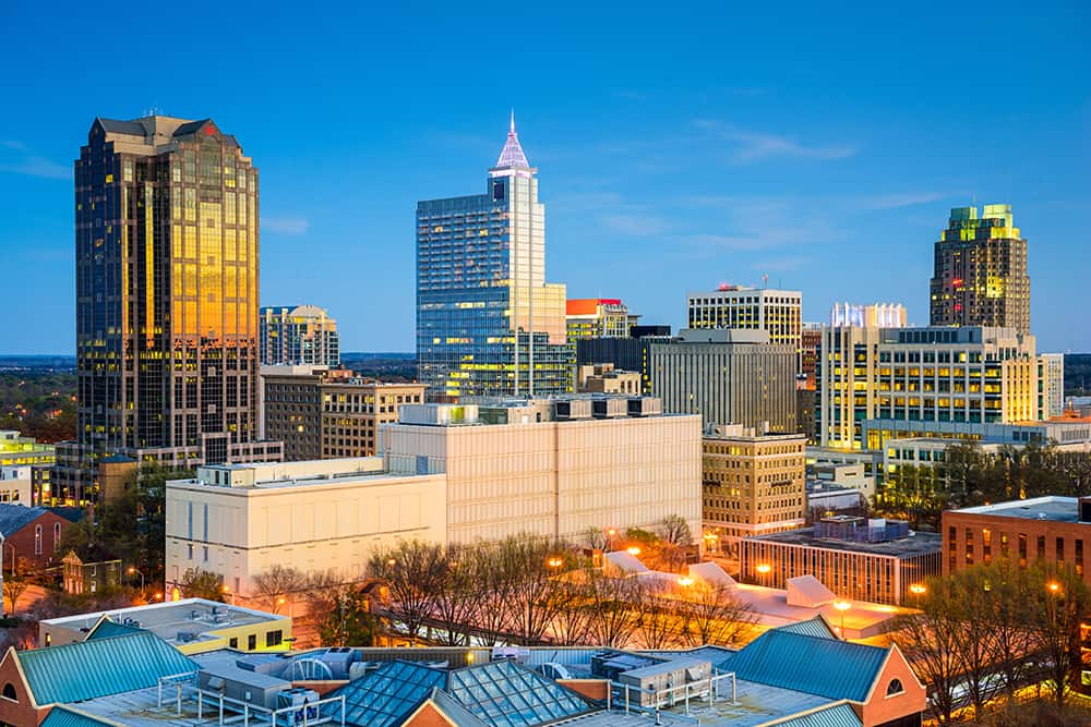 Aerial view of downtown Raleigh, NC at dusk